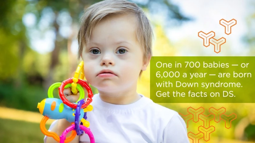 A picture of a child with Down Syndrome, accompanied by the statistic that 1 in 700 babies are born with Down Syndrome.